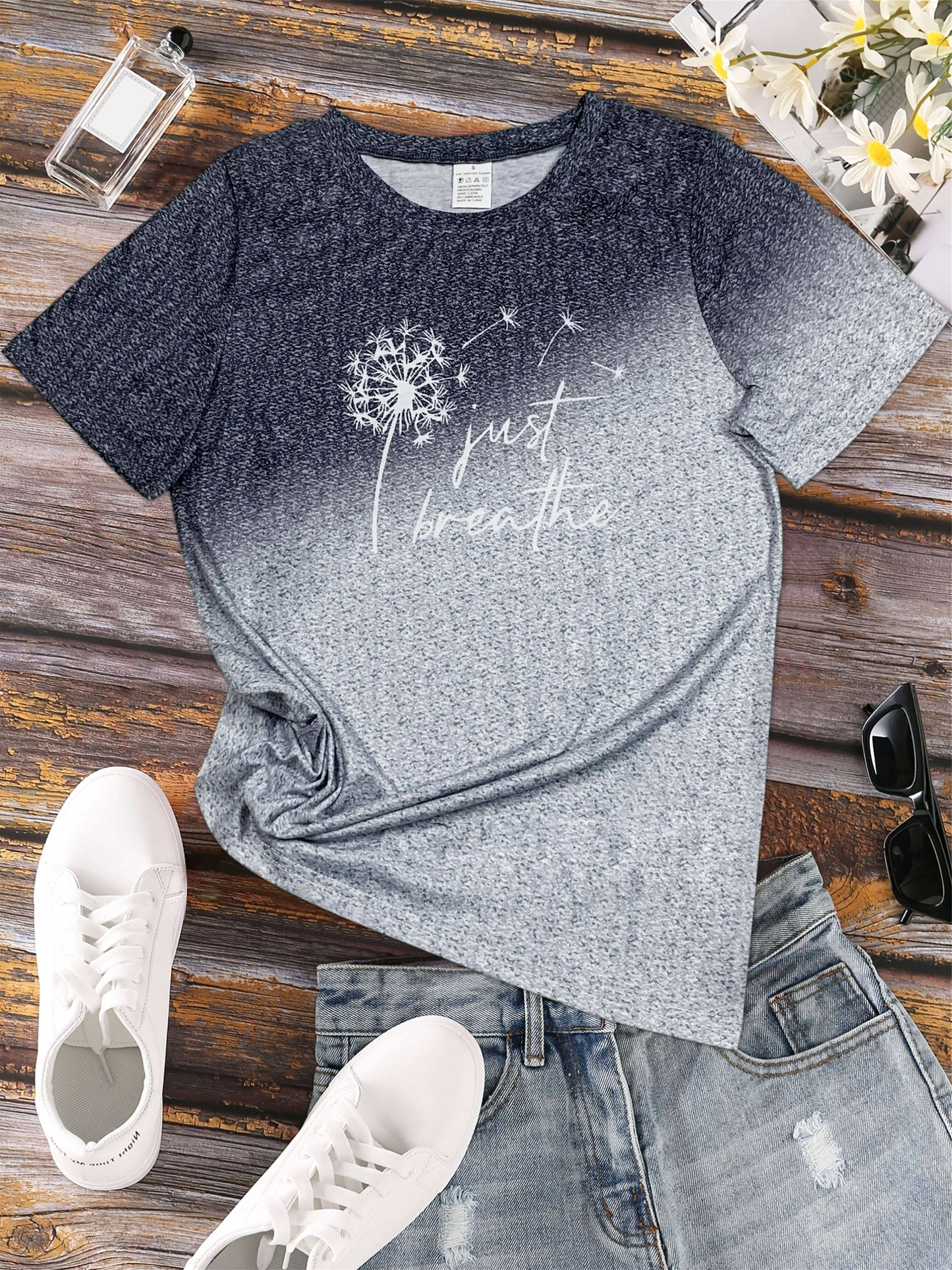 Just Breathe & Dandelion Print T-shirt, Casual Crew Neck Short Sleeve Top, Women's Clothing - Mammalook