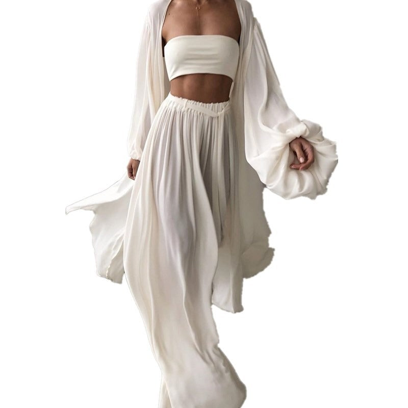 Loose Minimalist Three Piece Set For Women Slim Vest Lantern Long Sleeve Coat Wide Leg Pants Casual Sets Female - Mammalook