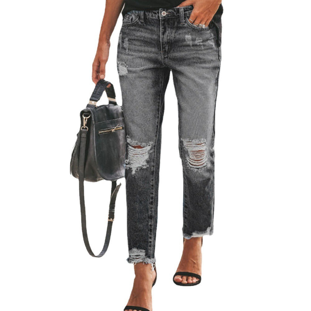 High Waist Women Straight Leg Jeans New Retro Blue Ripped Straight Leg Pants Loose Casual Pencil Jeans Women's Street Pants - Mammalook