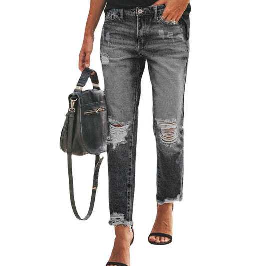 High Waist Women Straight Leg Jeans New Retro Blue Ripped Straight Leg Pants Loose Casual Pencil Jeans Women's Street Pants - Mammalook