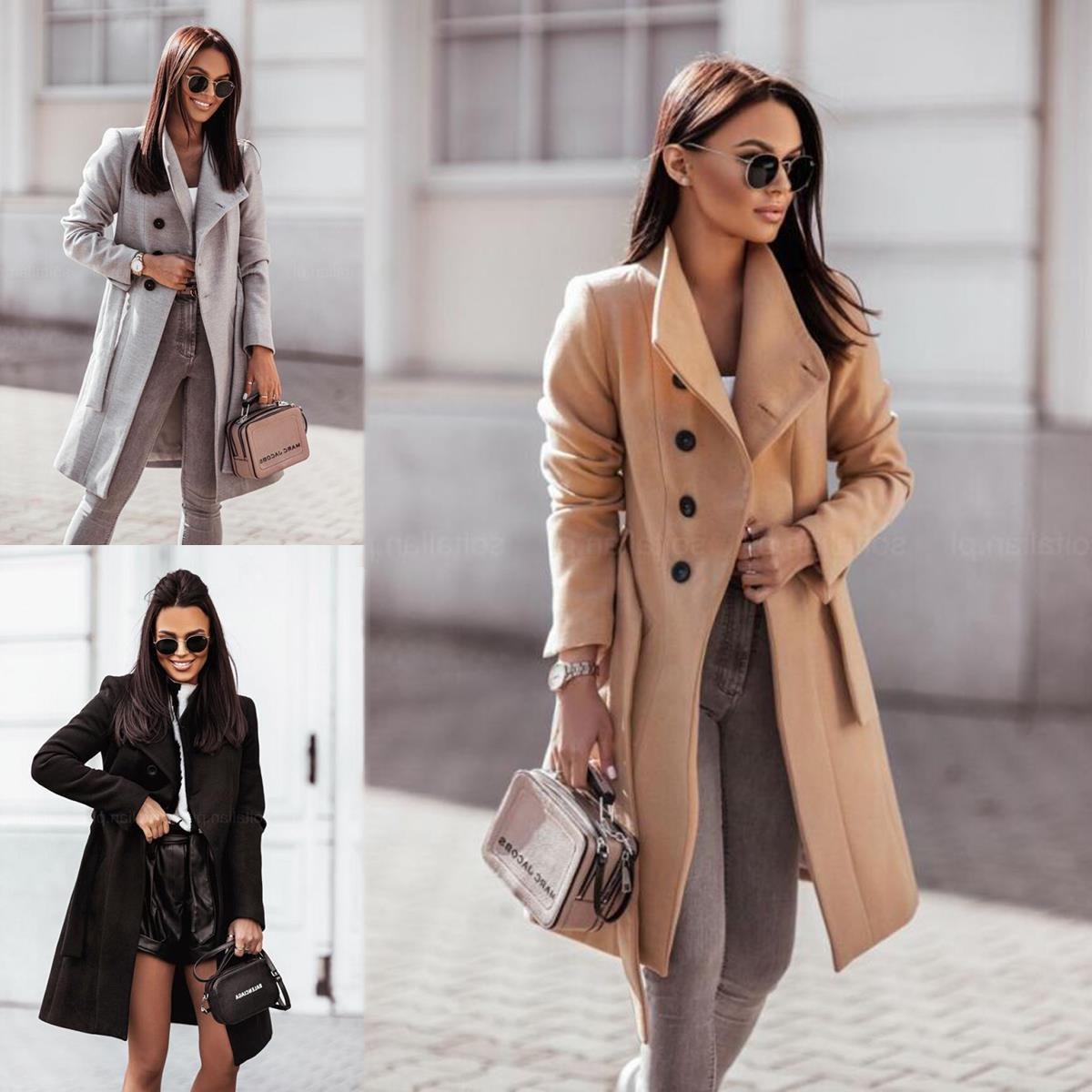 New women's woolen coat with solid color straps, medium length woolen coat - Mammalook