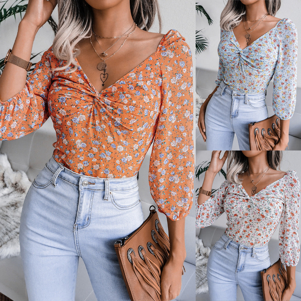 Ins Style Live Shot Autumn And Winter New Sexy V-Neck Knotted Floral Chiffon Shirt Top - Mammalook