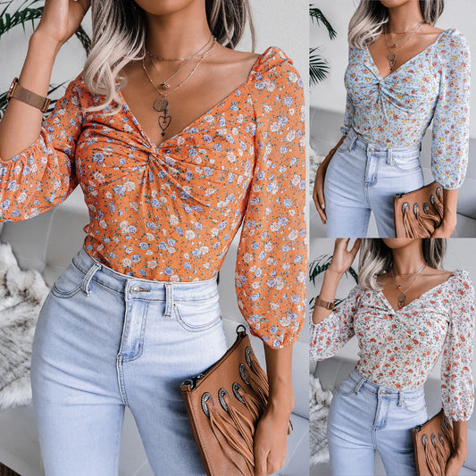Ins Style Live Shot Autumn And Winter New Sexy V-Neck Knotted Floral Chiffon Shirt Top - Mammalook