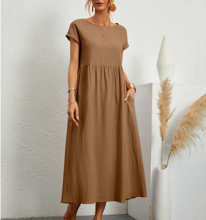 Solid color sleeveless loose pocket cotton linen dress - Mammalook