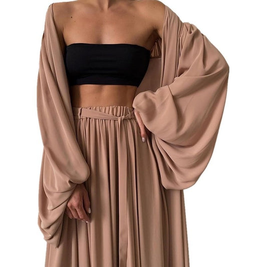 Loose Minimalist Three Piece Set For Women Slim Vest Lantern Long Sleeve Coat Wide Leg Pants Casual Sets Female - Mammalook