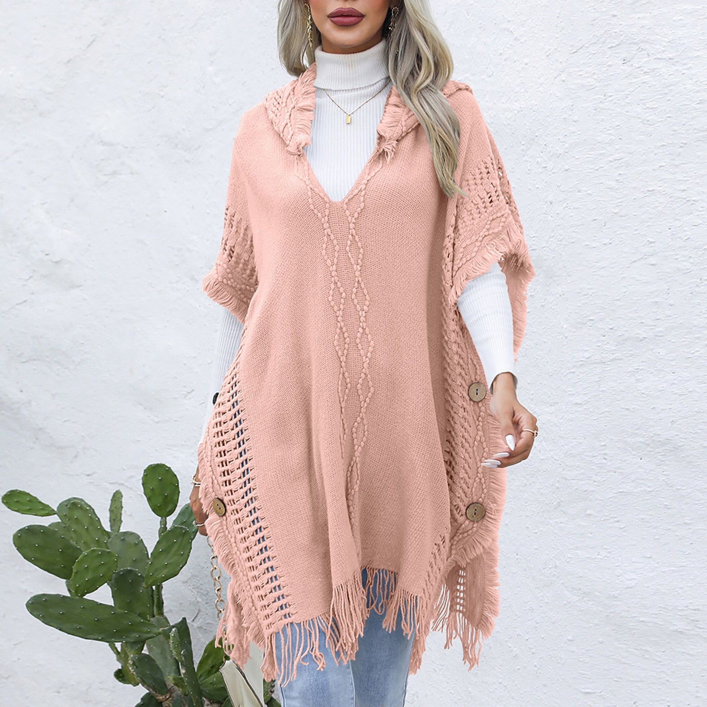 Women's casual loose V-necktie hat pullover medium length sweater vest cape top jacket - Mammalook