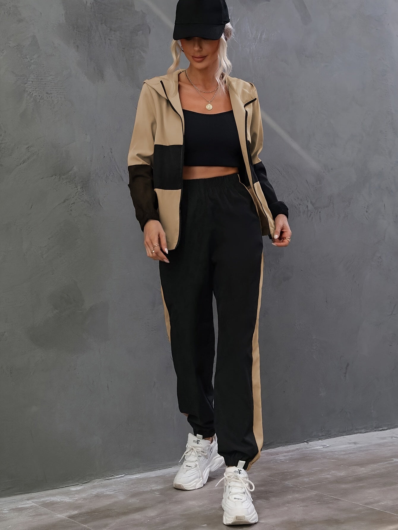 Color Block Stylish Set, Hooded Long Sleeve Zipped Jacket & Fitted Bottom Pants, Women's Clothing - Mammalook