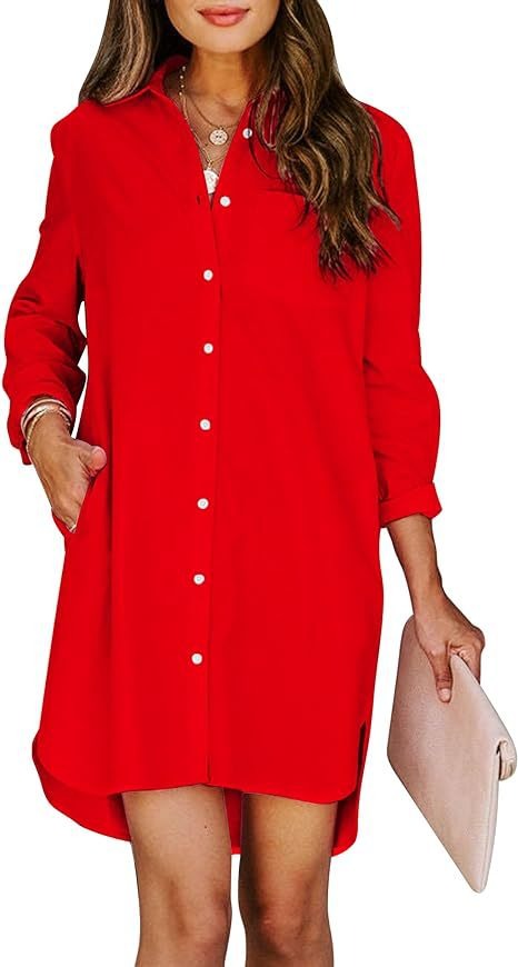 Women's button up shirt dress with pockets, cotton button up waist tied long sleeved solid color high and low shirt - Mammalook
