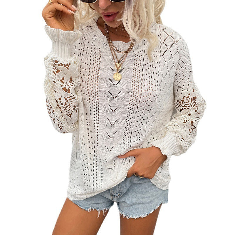Women's Wear Autumn and Winter Lace Splice Knitwear New Hollow Sweater - Mammalook