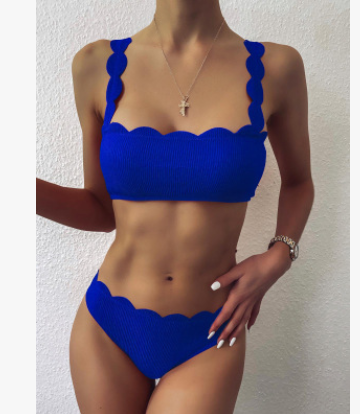 Swimsuits Scalloped Edge Swimwear Women Black Bandeau Bathing Suit Women Solid Biquini Beach Wear - Mammalook