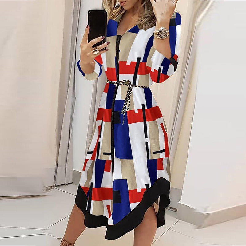 Mid length skirt printed plaid lapel tie up dress - Mammalook