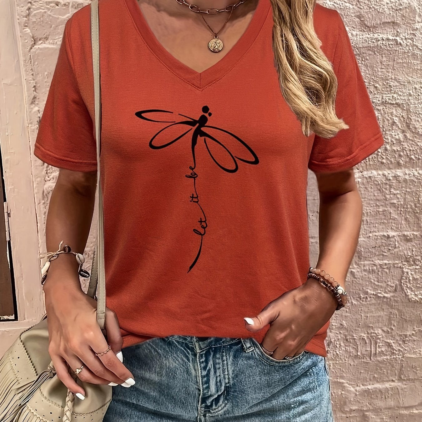 Dragonfly & Letter Print V Neck T-shirt, Casual Short Sleeve T-shirt For Summer, Women's Clothing - Mammalook