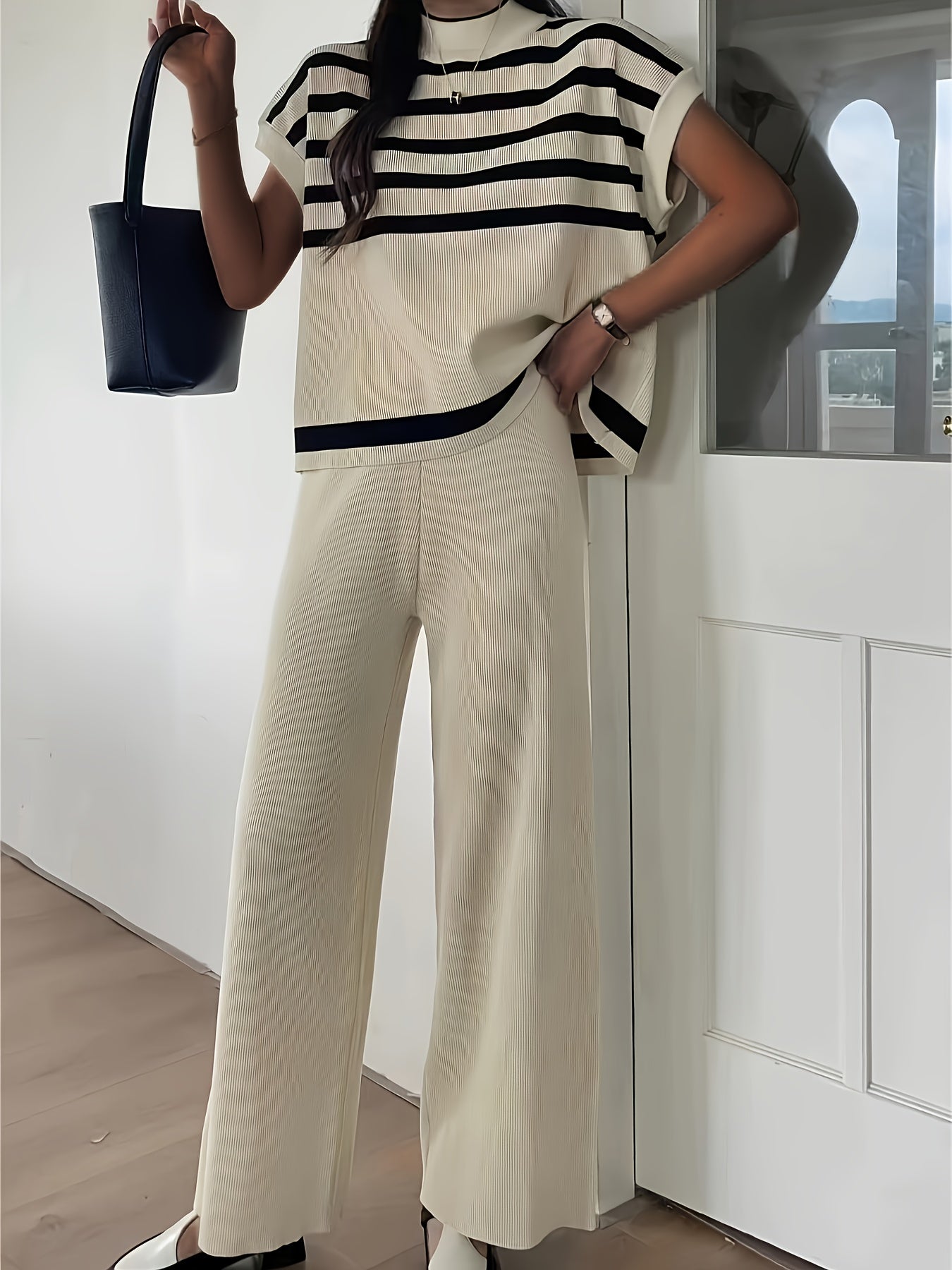 Striped Print Elegant Pantsuit for Women - Crew Neck, Micro Elasticity, Viscose Material, Wide Leg, Batwing Sleeve, Knit Fabric - Perfect for Spring and Summer Outfits - Mammalook