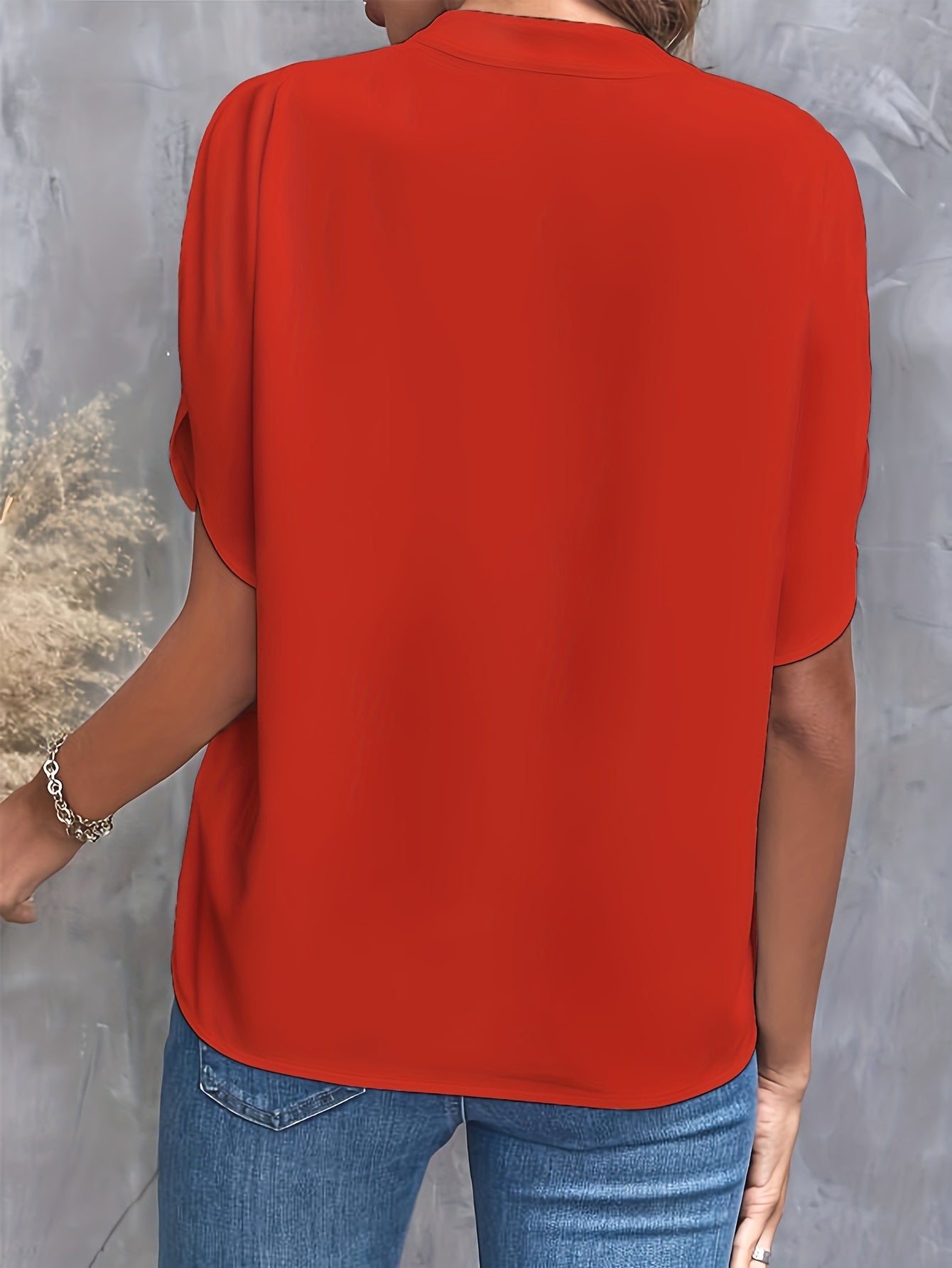 Solid Color Notch Neck Blouse, Casual Short Split Sleeve Blouse For Spring & Summer, Women's Clothing - Mammalook