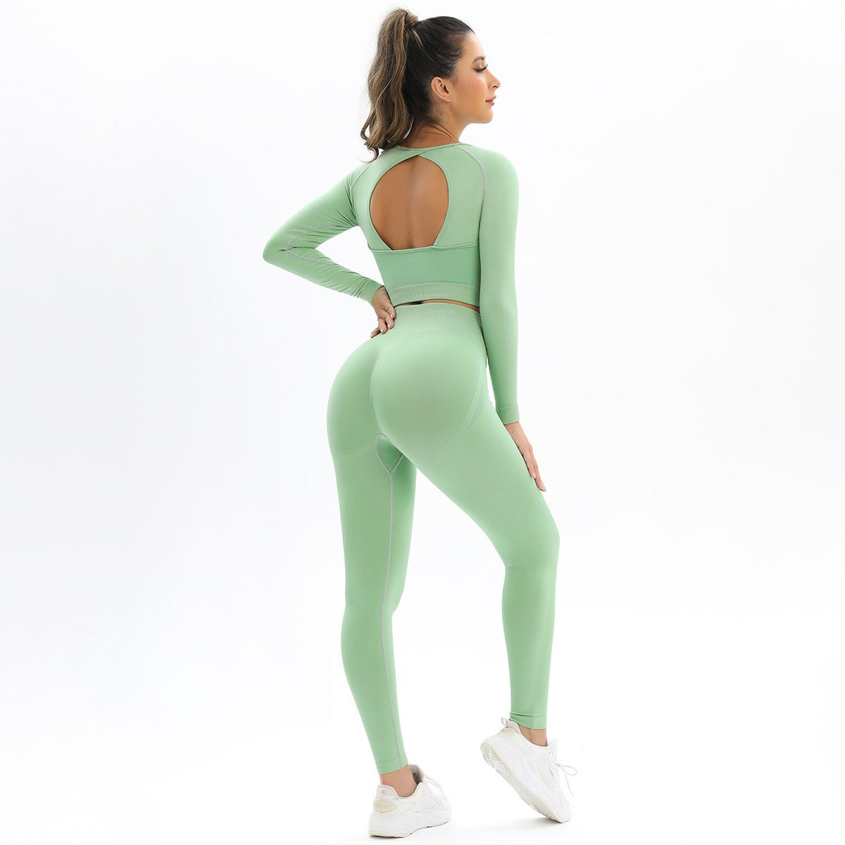 Peach Seamless Knitting Backless High Elastic Long Sleeve Yoga Suit Sports Running Fitness Two-Piece Set For Women - Mammalook
