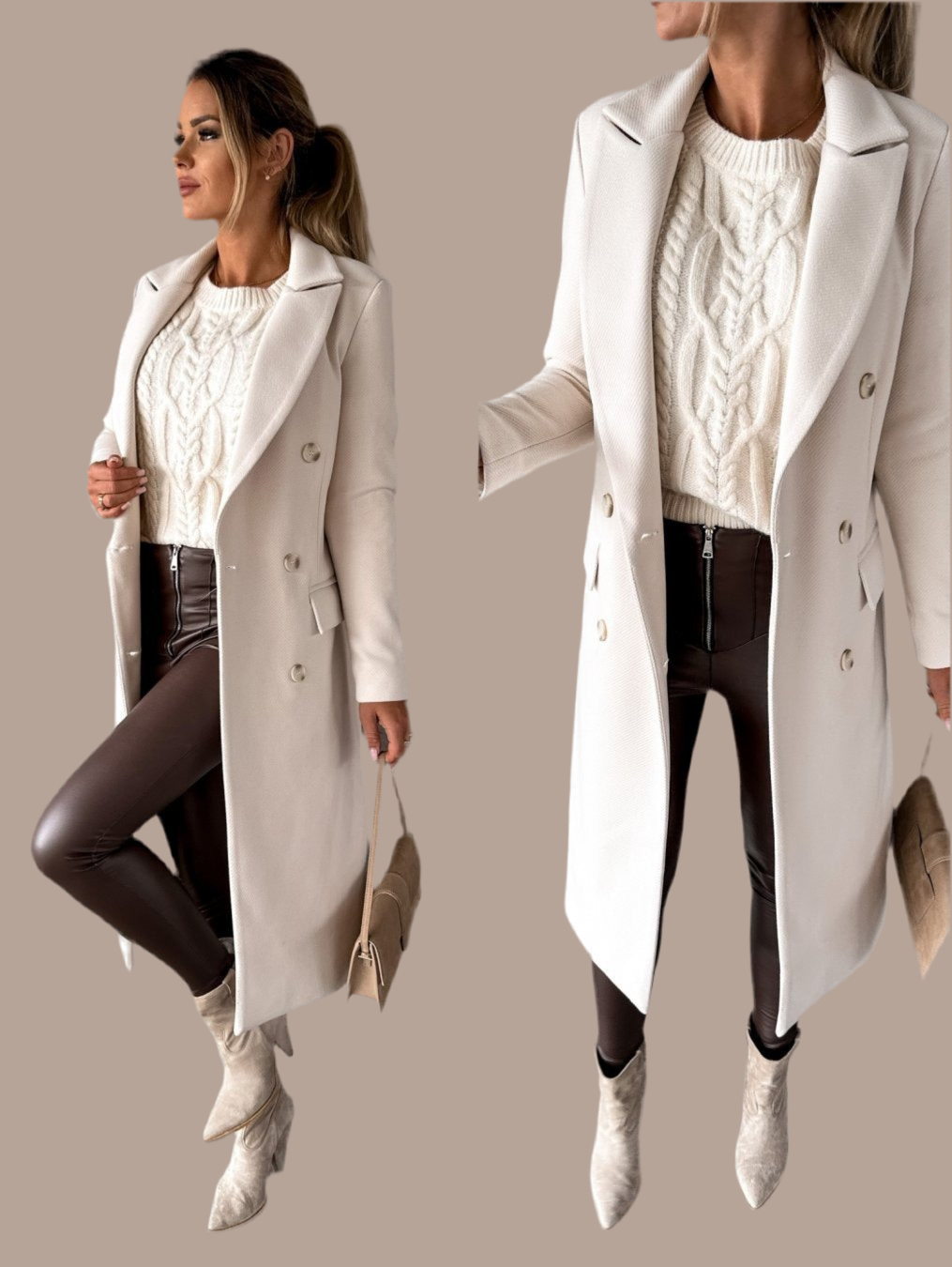Fashionable Minimalist Long-Sleeved Double-Breasted Woolen Jacket for Women