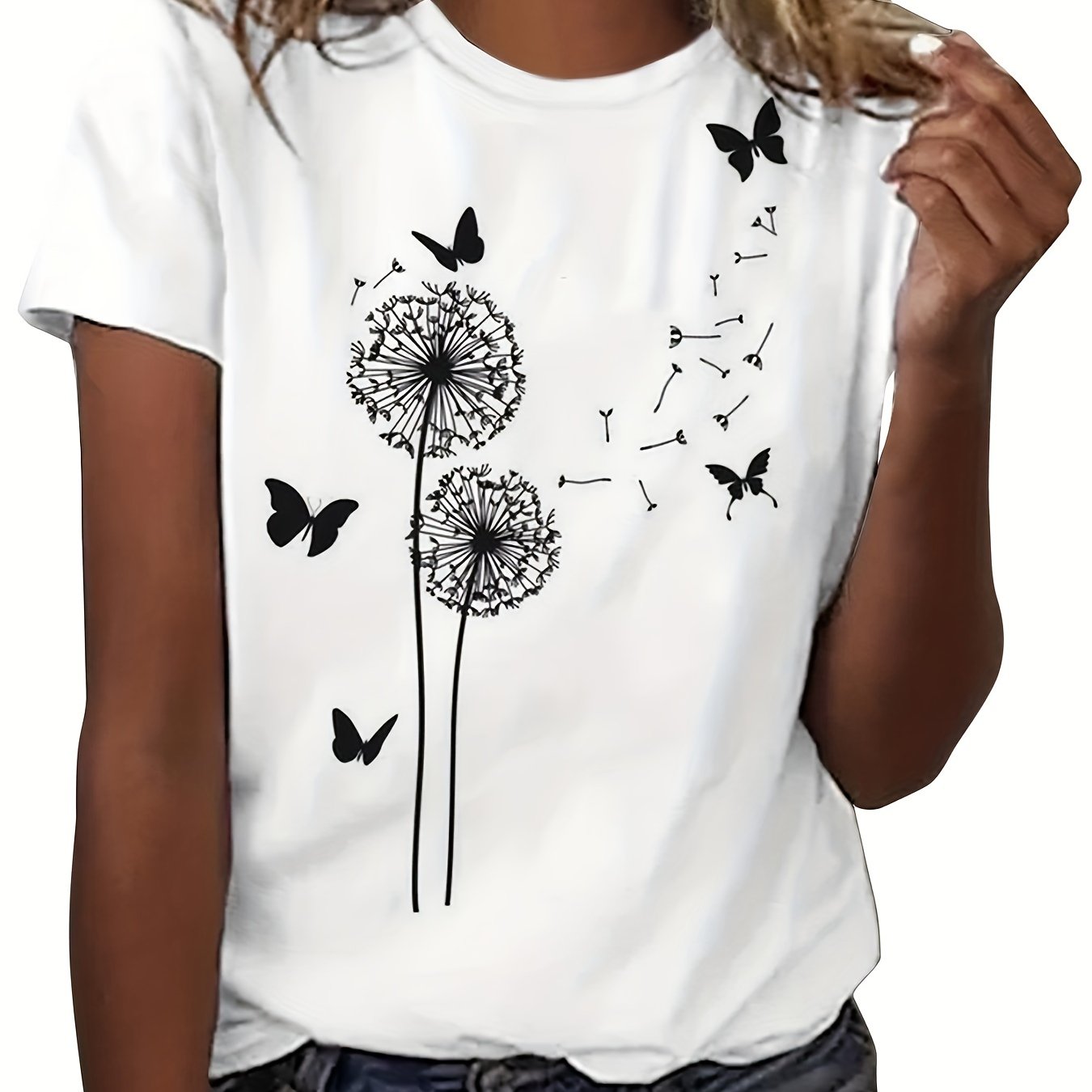 Dandelion & Butterfly Print T-Shirt, Casual Crew Neck Short Sleeve Top For Spring & Summer, Women's Clothing - Mammalook