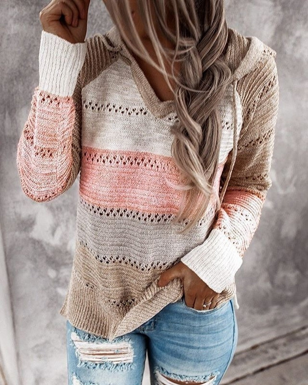 Autumn Winter Sweaters Women Hollow Long Sleeve Sweater Hoodie Tops V Neck Patchwork Casual Knitted Elegant Pullover Jumper - Mammalook