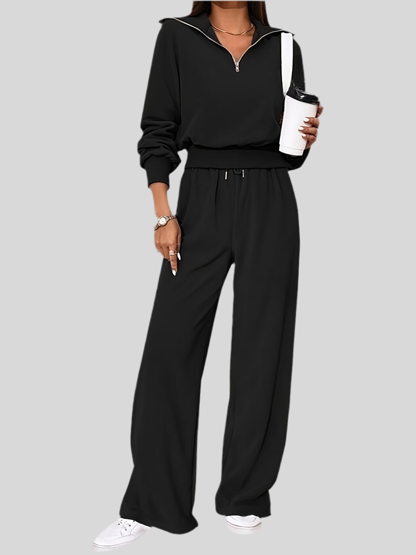 Zipped Solid Color Stylish Set - Long Sleeve Crop Sweatshirt & Drawstring Waist Straight-Leg Pants