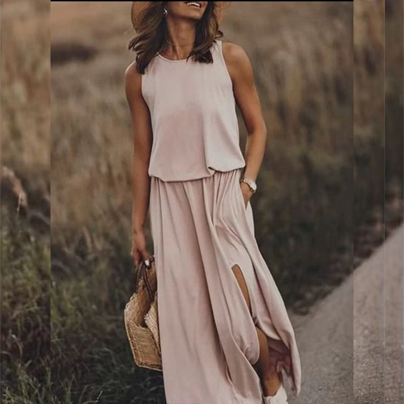 Solid color round neck sleeveless suspender lantern split dress - Mammalook
