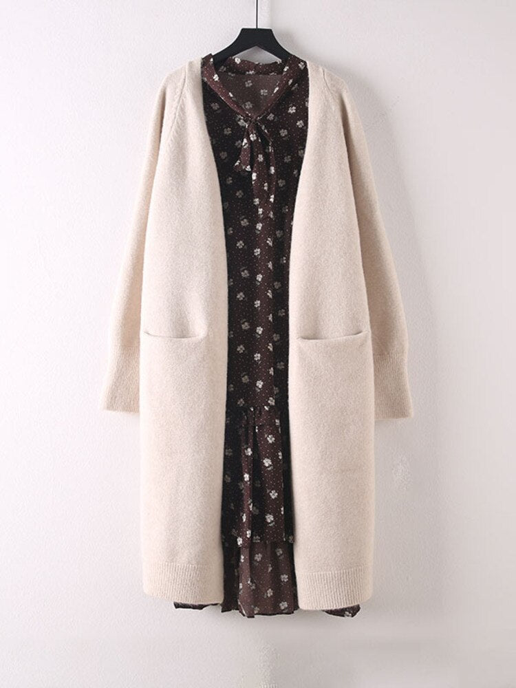 Woman Knitted Sweater Solid Pockets Long Sleeve Cardigan Simple Elastic Loose Casual Style Top New Autumn Fashion - Mammalook