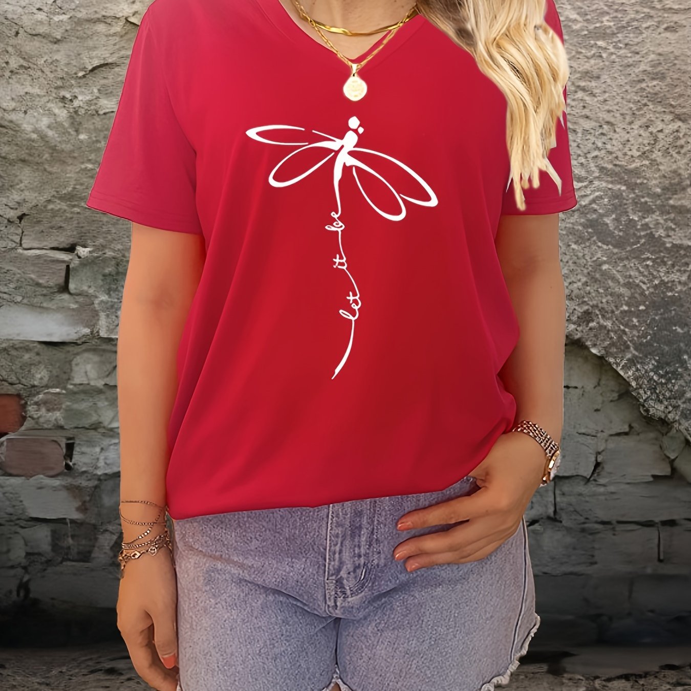 Dragonfly & Letter Print V Neck T-shirt, Casual Short Sleeve T-shirt For Summer, Women's Clothing - Mammalook