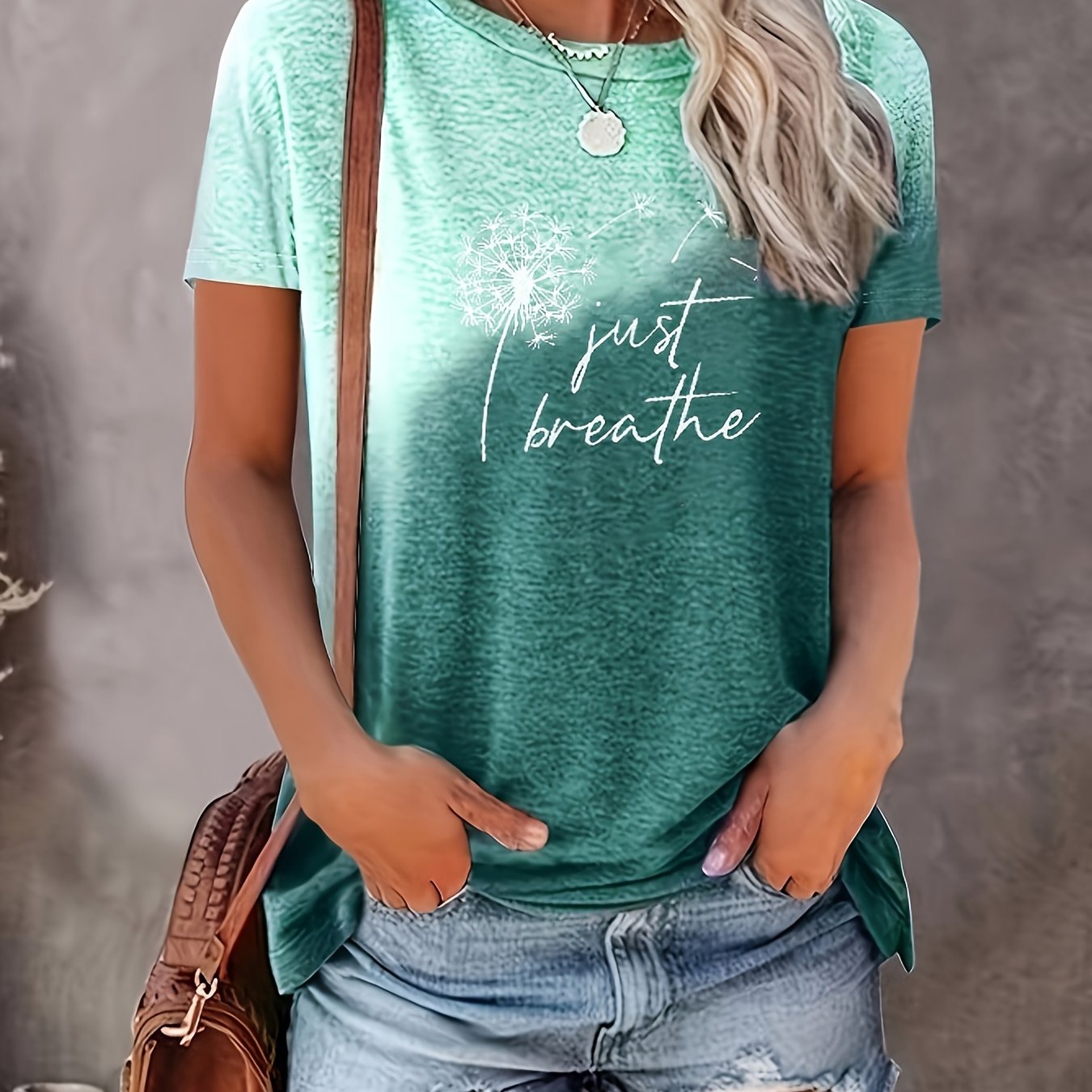 Just Breathe & Dandelion Print T-shirt, Casual Crew Neck Short Sleeve Top, Women's Clothing - Mammalook