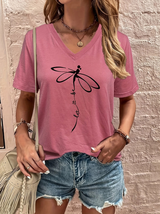 Dragonfly & Letter Print V Neck T-shirt, Casual Short Sleeve T-shirt For Summer, Women's Clothing - Mammalook