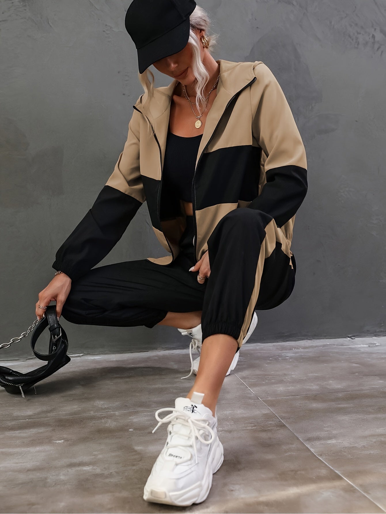 Color Block Stylish Set, Hooded Long Sleeve Zipped Jacket & Fitted Bottom Pants, Women's Clothing - Mammalook