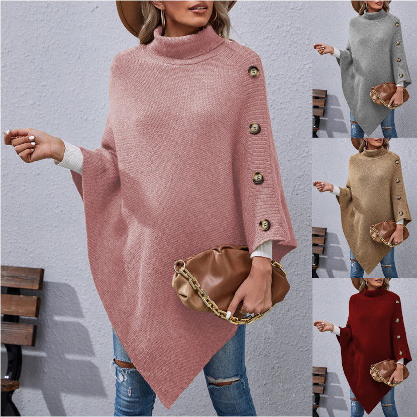 Button High Collar Irregular Sweater Cape for Women - Mammalook