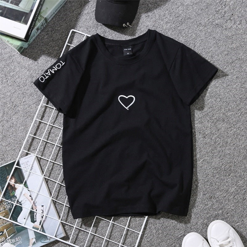 Summer Couples Lovers T-Shirt For Women Casual White Tops Tshirt Women T Shirt Love Heart Embroidery Print T-Shirt Female - Mammalook