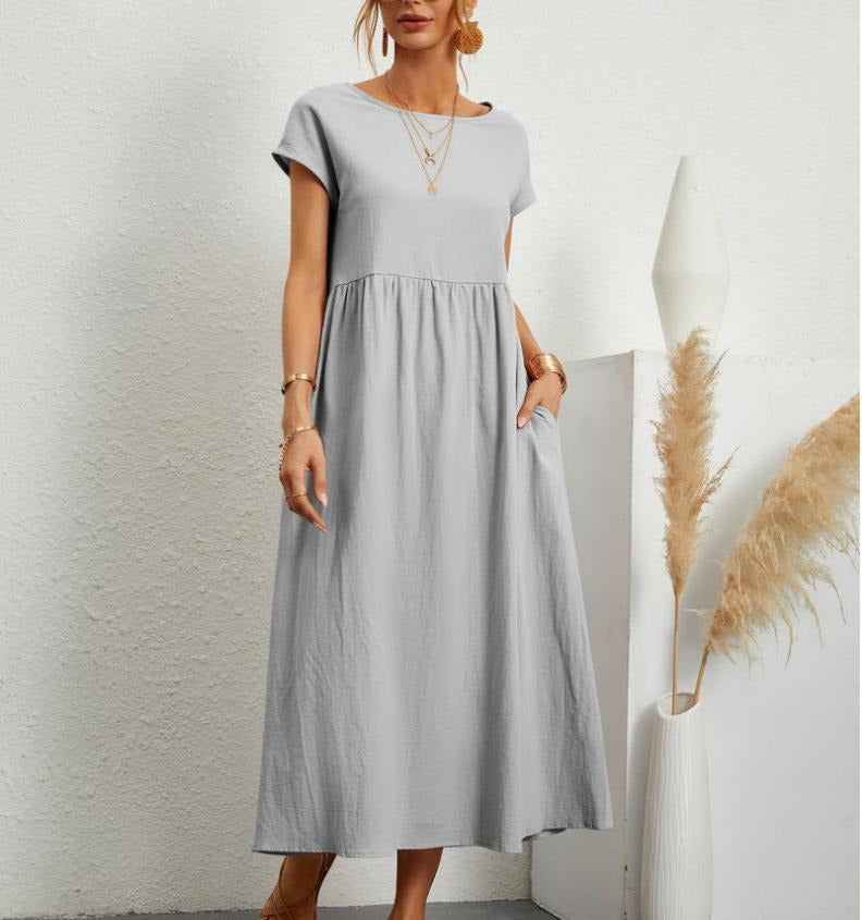 Solid color sleeveless loose pocket cotton linen dress - Mammalook