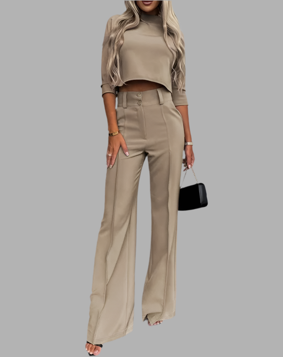 Small High Neck Fit Women's Set Solid Pocket Micro Horn Pants Set for office lady Outfits