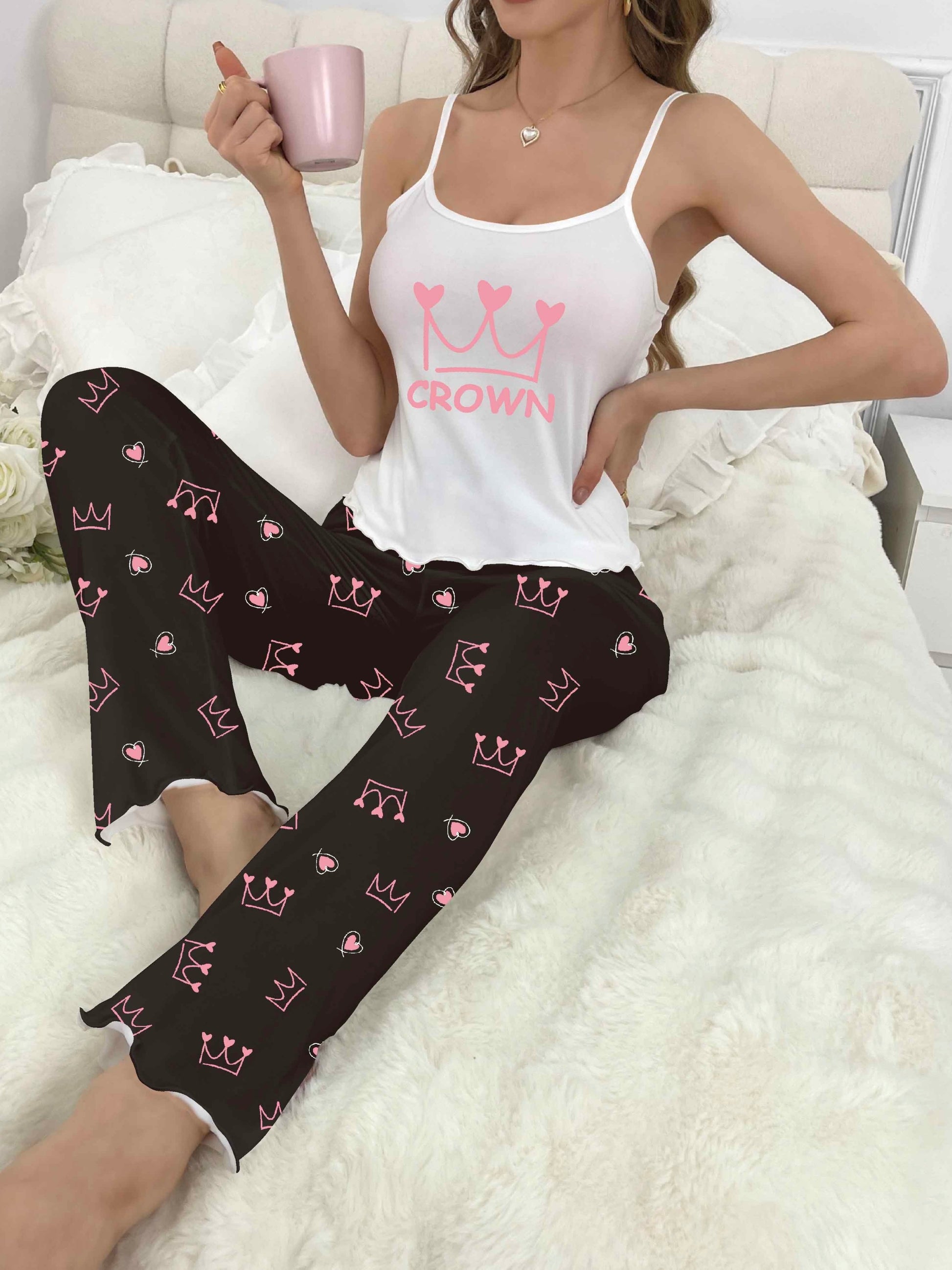 Casual Plaid Heart Print Pajama Set, Crew Neck Cami Top & Elastic Pants For Valentine's Day, Women's Sleepwear & Loungewear - Mammalook