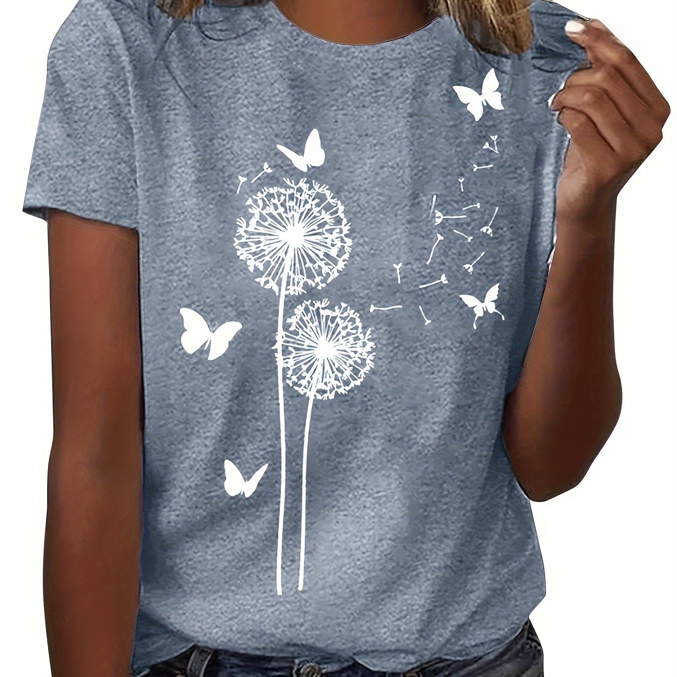 Dandelion & Butterfly Print T-Shirt, Casual Crew Neck Short Sleeve Top For Spring & Summer, Women's Clothing - Mammalook