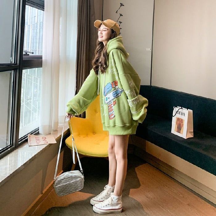 Sweater women's winter plush and thick coat women's fashion Instagram autumn/winter Korean loose mid length versatile hooded top - Mammalook