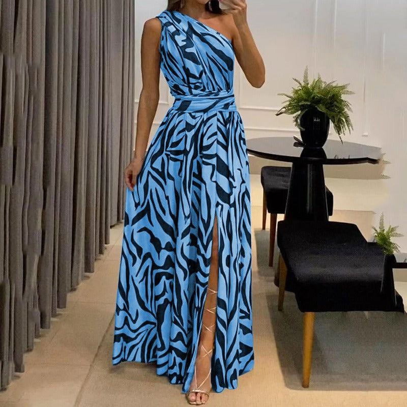 One-Shoulder Sleeveless Printed Long Dress