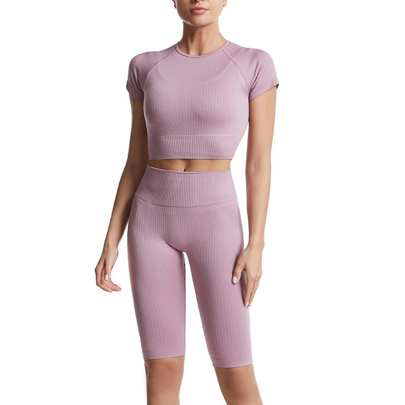 Threaded Yoga Suit Sportswear Summer Short-Sleeved Shorts Bra Tight-Fitting Clothes - Mammalook