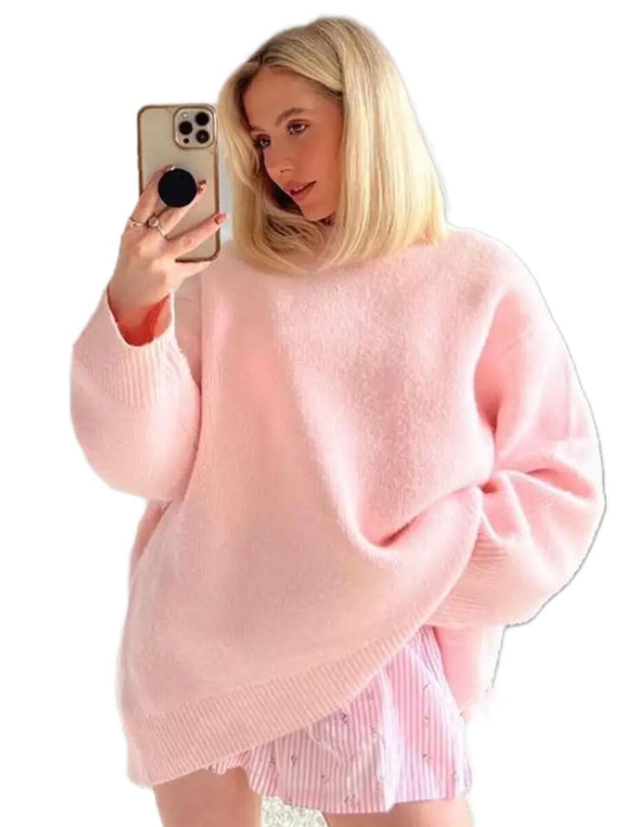 Round Neck Barbie Pink Loose Casual Pullover Sweater - Mammalook