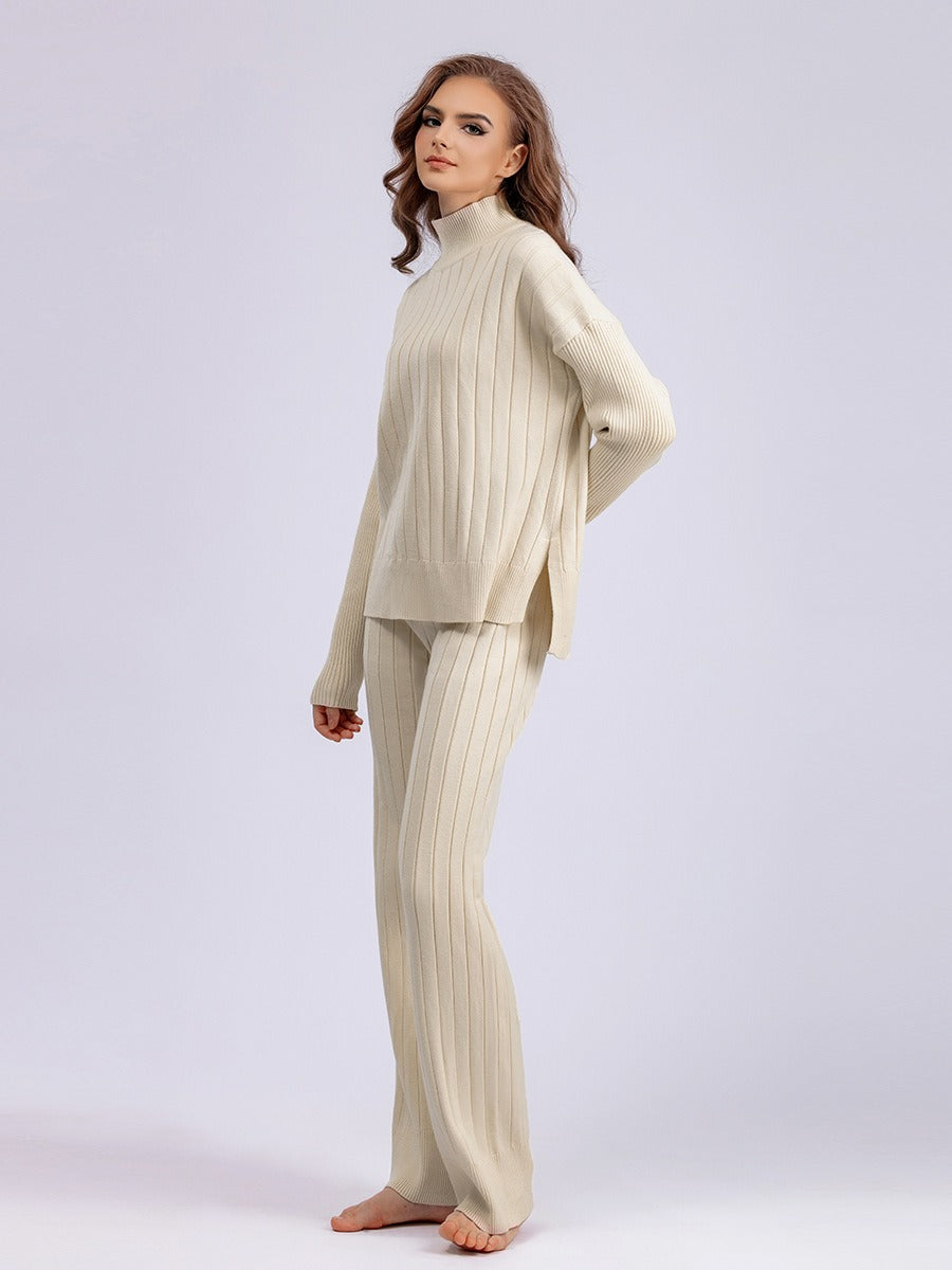 New Autumn and Winter Hollow Half Turtleneck Sweater Set Solid Color Loose Warm Pullover Two-piece Set - Mammalook