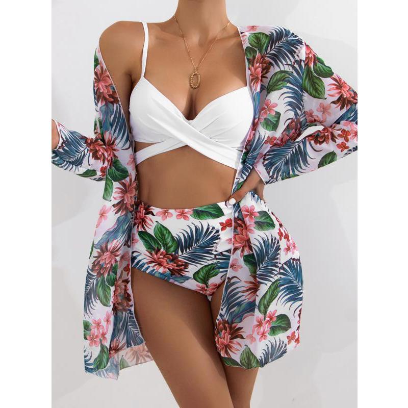 New Sexy Three Pieces Bikini Set Cover Up Swimwear Women Swimsuit Print Long Sleeve Bathing Suit Beachwear Swimming Biquini - Mammalook