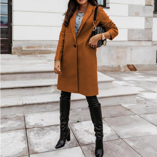 New autumn and winter women's solid color lapel mid length button down woolen coat jacket - Mammalook