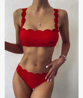 Swimsuits Scalloped Edge Swimwear Women Black Bandeau Bathing Suit Women Solid Biquini Beach Wear - Mammalook