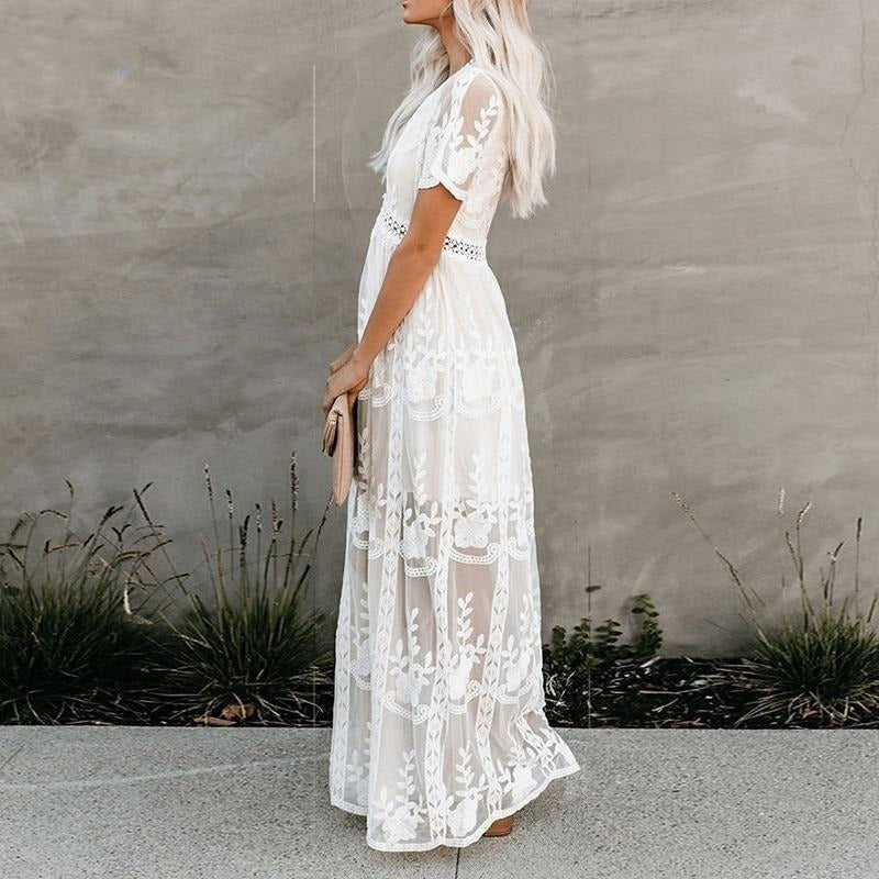 Boho Lace Maxi Dress – White V-Neck Summer Gown