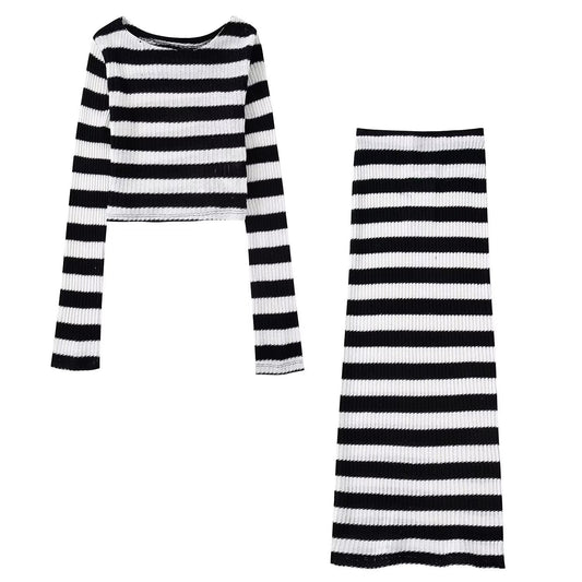 Autumn Women's Black And White Striped Top+Elastic Knitting Skirt Suit - Mammalook