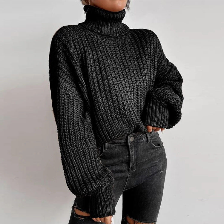 Fall Shoulder Long Sleeve Knitted Turtleneck Sweater for Women - Mammalook