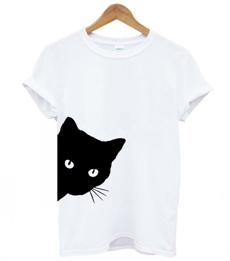 Cat Looking Out Side Funny T-Shirt Women's Cotton Casual Top Tee - Mammalook