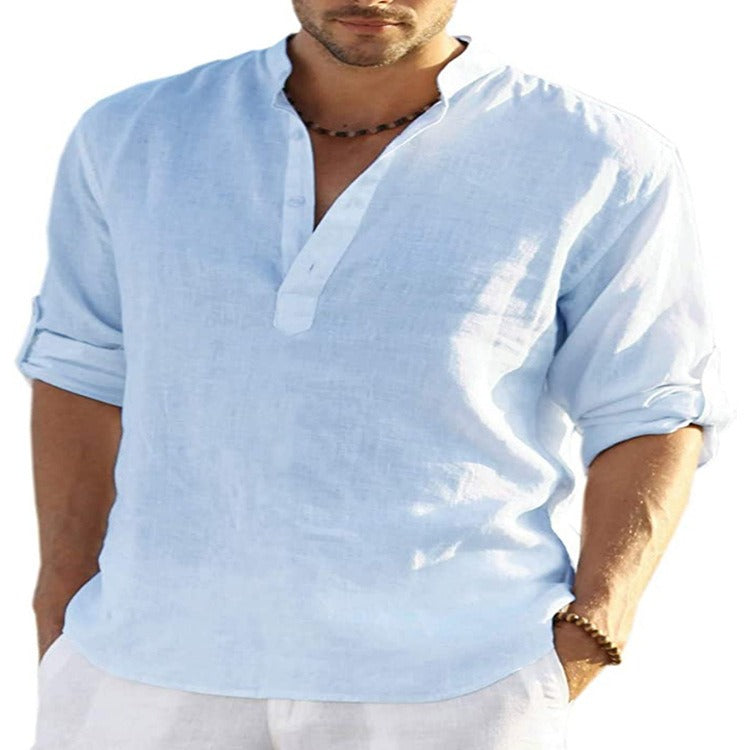 Mens Linen Long Sleeved T Shirt Loose Sweatshirt Solid Color Long Sleeved Cotton Linen Shirt Mens Large - Mammalook