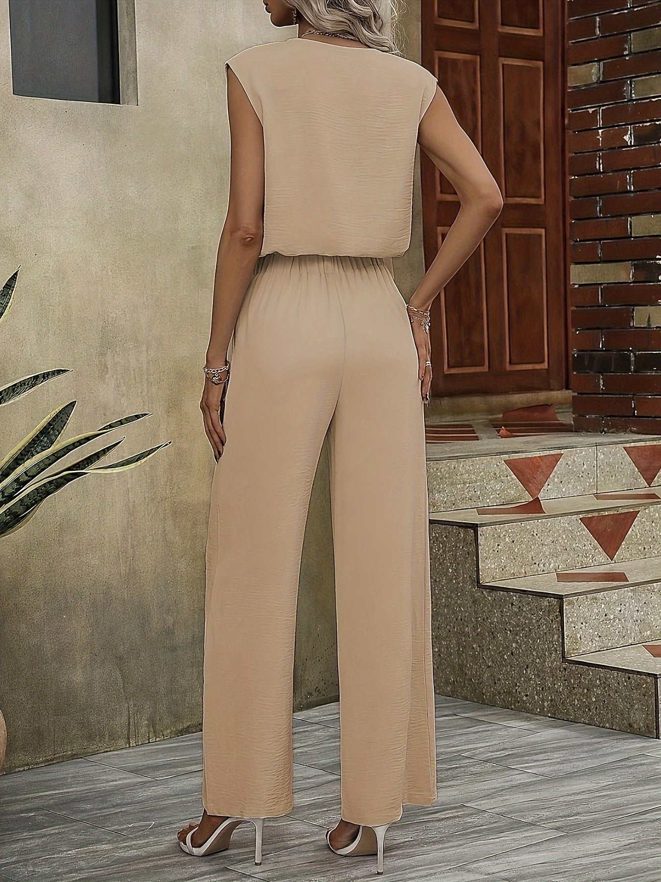 Vibrant Summer Pants Set for Women - Notched Collar V-Neck Tank Top & Belted Straight Leg Pants with No Elasticity - Polyester, Machine Washable, Solid Color, Elegant Style - Mammalook