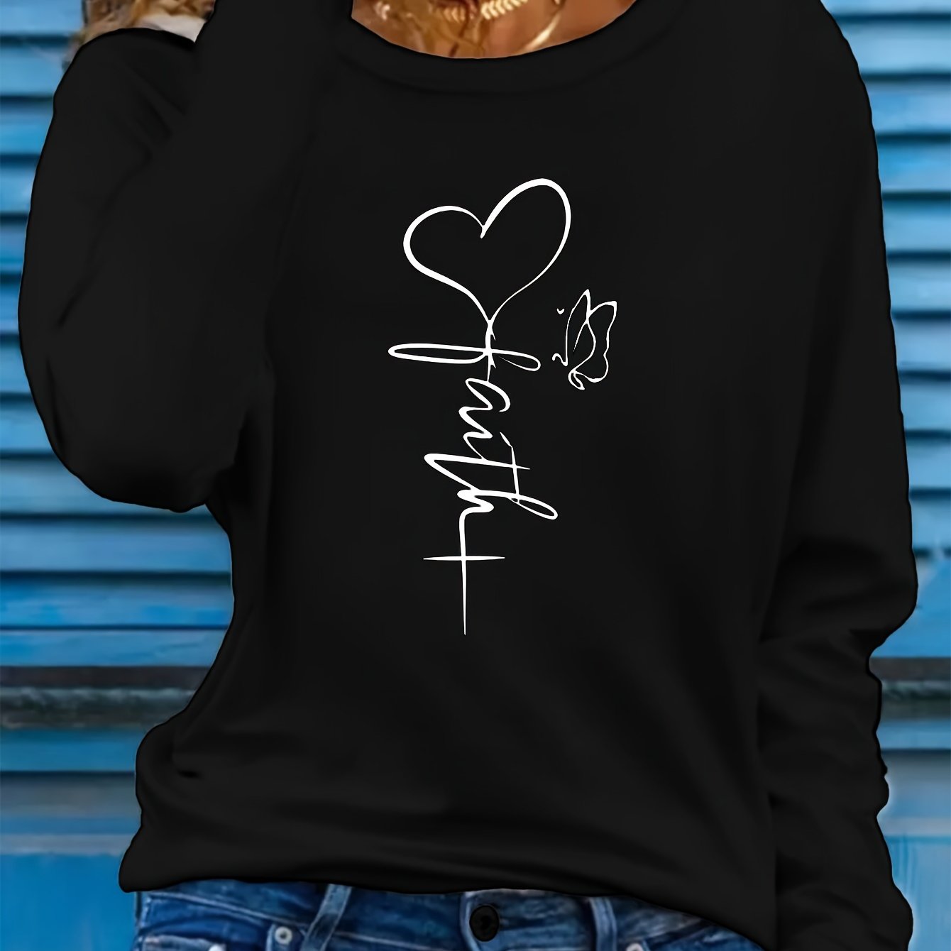 Butterfly & Heart Print Crew Neck T-Shirt, Casual Long Sleeve T-Shirt For Spring & Fall, Women's Clothing - Mammalook